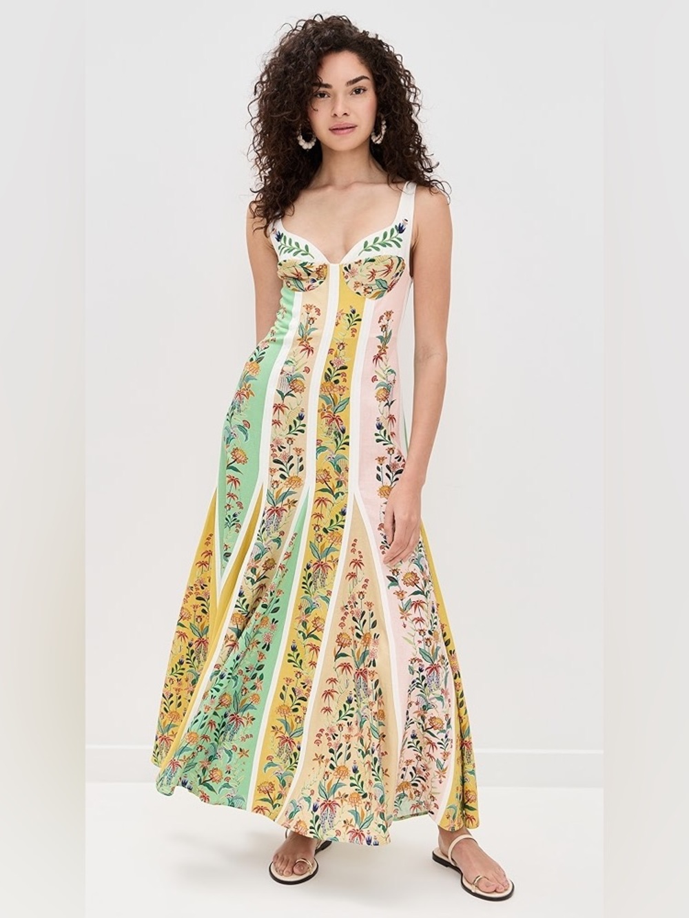 NWT FARM Rio Delicate Floral Stripes Linen Maxi Corset Dress L - Picture 2 of 13
